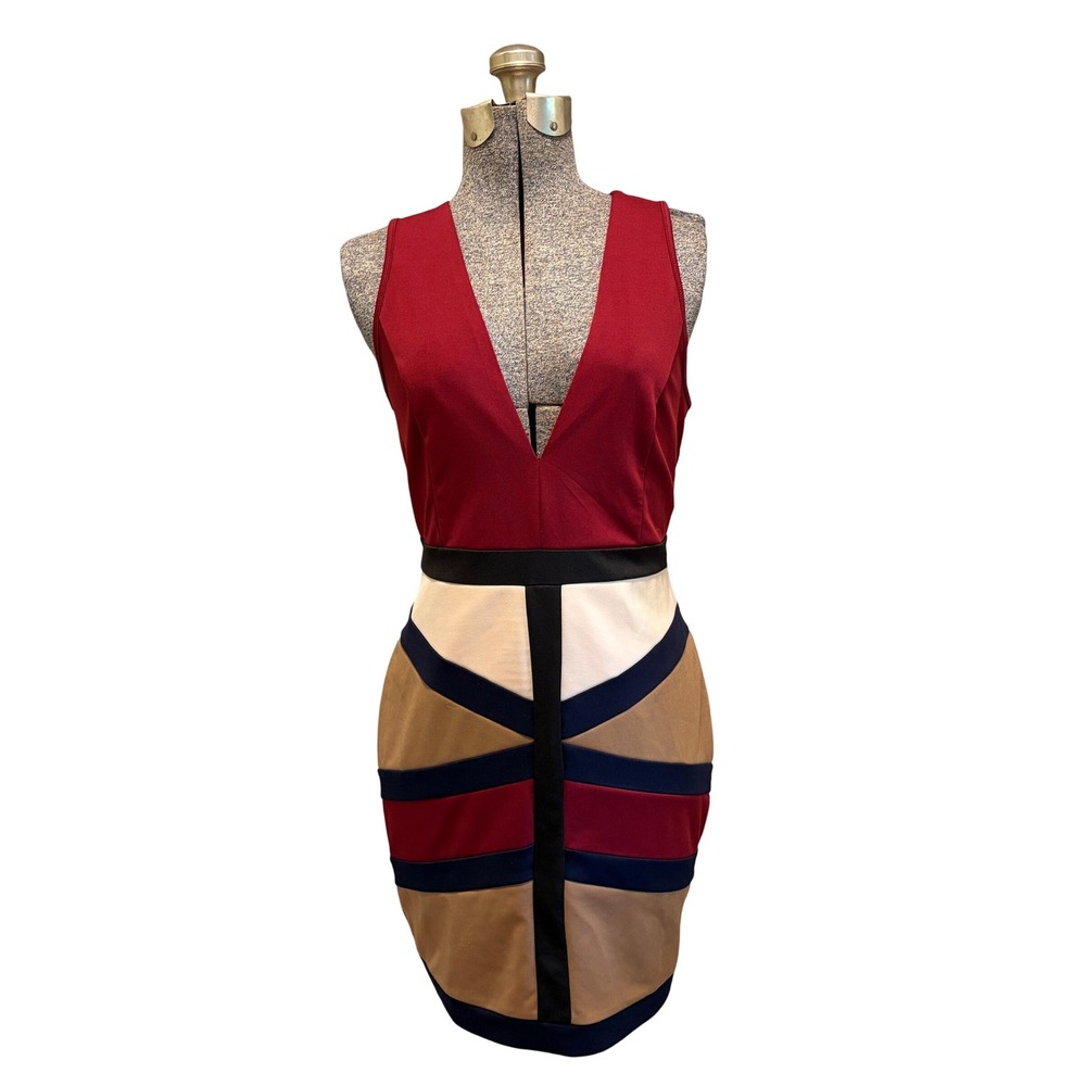 Privy Burgundy Colorblock‎ Geometric V-Neck Bodycon Mini Dress Large